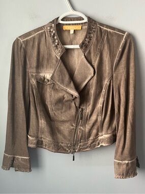 Crisca Gray Moto Distressed Cropped Metallic Sequin Jacket 3/4 Sleeves Size 6